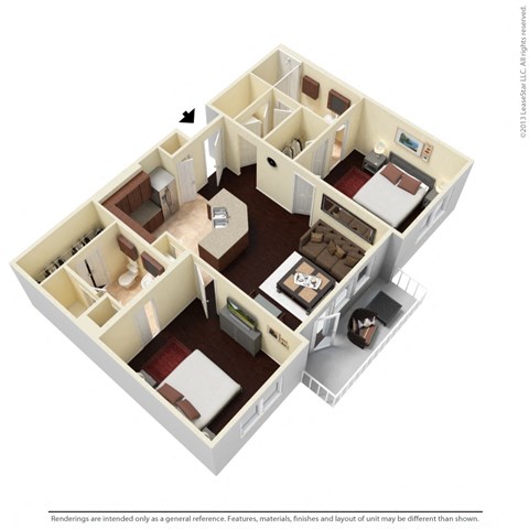 Floor plan for 2 beds, 2 baths, 1075 sqft
