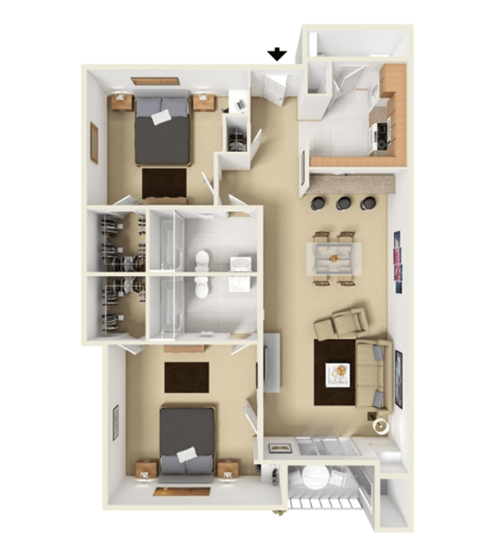 Floor plan for 2 beds, 2 baths, 1003 sqft