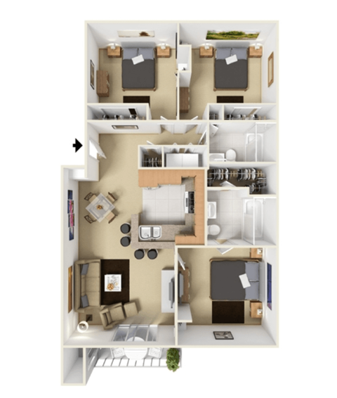Floor plan for 3 beds, 2 baths, 1185 sqft