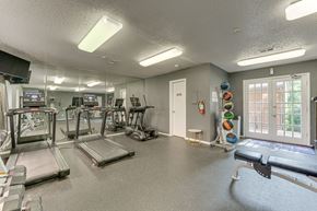 Bedford apartment for rent - A gym with treadmills, exercise equipment, and a mirrored wall at Copper Hill Apartments, Texas, 76021