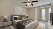 Bedford apartment for rent - A bedroom with a large bed, a ceiling fan, and a painting on the wall at Copper Hill Apartments, Bedford 76021