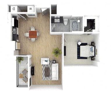 Floor plan for 1 bed, 1 bath, 710 sqft