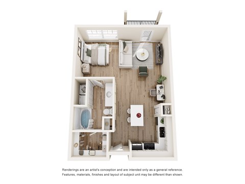 Floor plan for 1 bed, 1 bath, 665 sqft