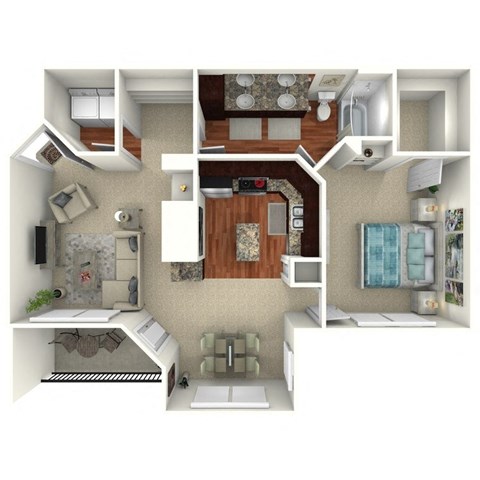 Floor plan for 1 bed, 1 bath, 879 sqft