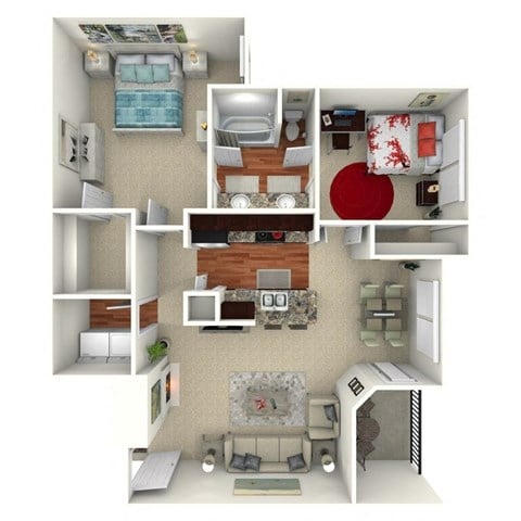 Floor plan for 2 beds, 1 bath, 938 sqft