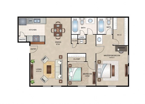 Floor plan for 2 beds, 2 baths, 926 sqft