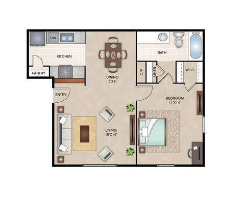 Floor plan for 1 bed, 1 bath, 661 sqft