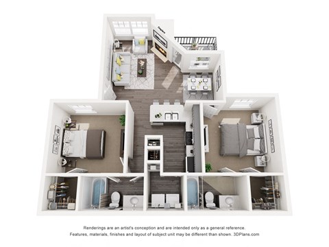 Floor plan for 2 beds, 2 baths, 1001 sqft