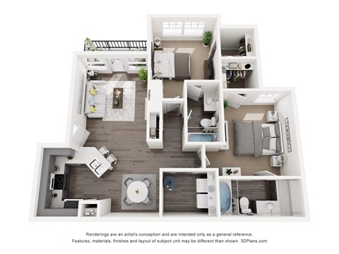 Floor plan for 2 beds, 2 baths, 1090 sqft