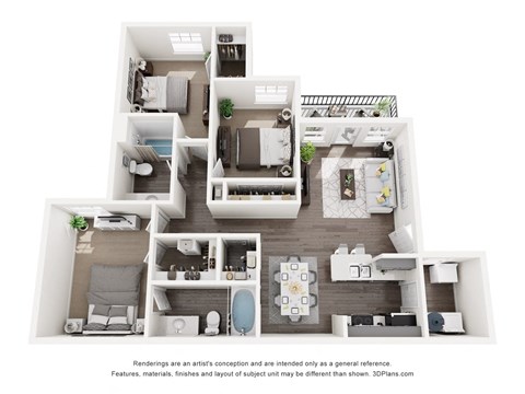 Floor plan for 3 beds, 2 baths, 1190 sqft