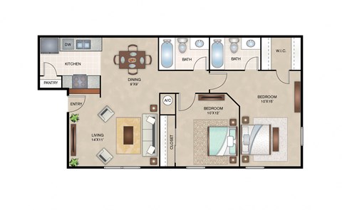 Floor plan for 2 beds, 2 baths, 860 sqft