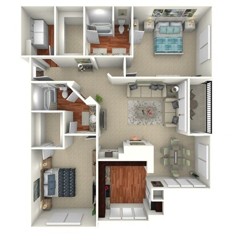 Floor plan for 2 beds, 2 baths, 1289 sqft