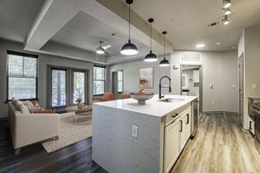 Grapevine apartment for rent - A modern kitchen with a large island and pendant lights.