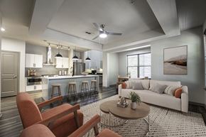 Grapevine apartment for rent - A modern living room with a kitchen area in the background.