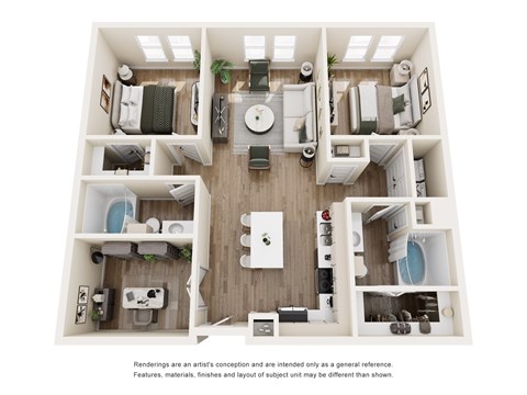 Floor plan for 2 beds, 2 baths, 1121 sqft