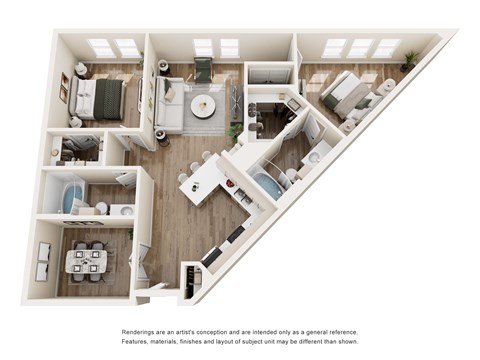 Floor plan for 2 beds, 2 baths, 1075 sqft