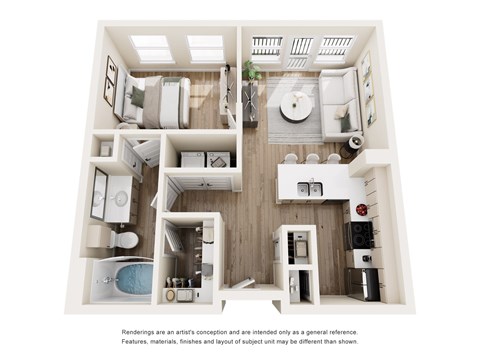 Floor plan for 1 bed, 1 bath, 658 sqft