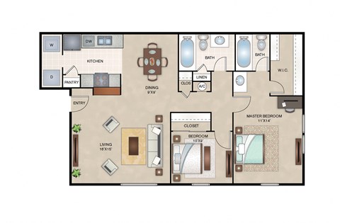 Floor plan for 2 beds, 2 baths, 1009 sqft