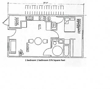 Helena apartment for rent - A floor plan of a small apartment with one bedroom and one bathroom.