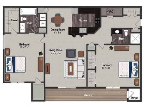 Floor plan for 2 beds, 2 baths, 1168 sqft