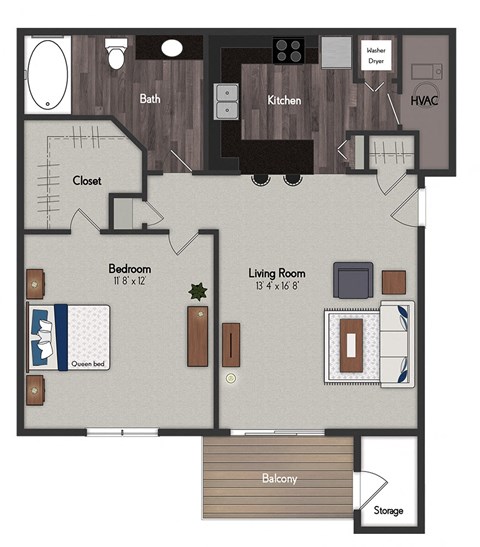 Floor plan for 1 bed, 1 bath, 664 sqft