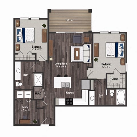 Floor plan for 2 beds, 2 baths, 1052 sqft
