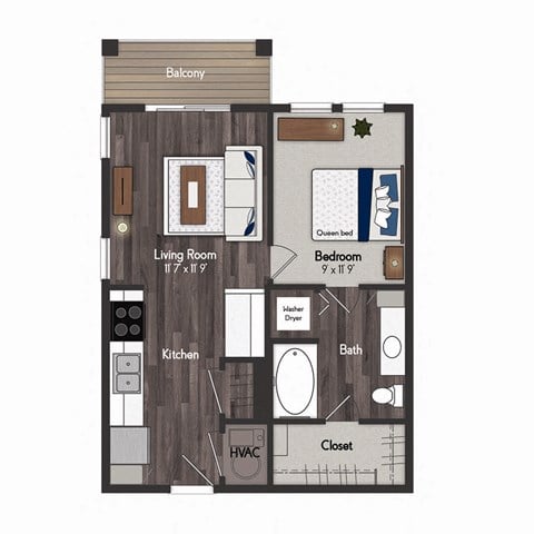 Floor plan for 1 bed, 1 bath, 553 sqft