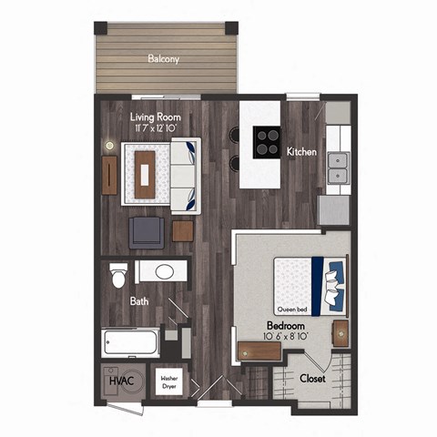 Floor plan for 1 bed, 1 bath, 576 sqft