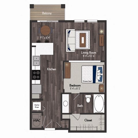 Floor plan for 1 bed, 1 bath, 637 sqft