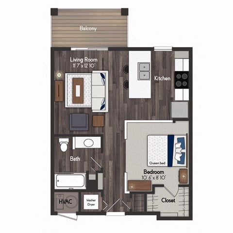Floor plan for 1 bed, 1 bath, 576 sqft