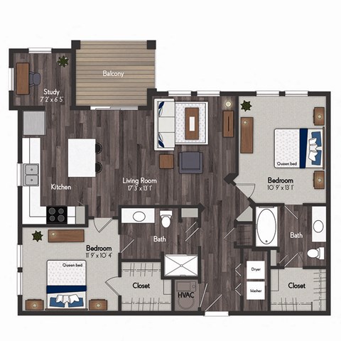 Floor plan for 2 beds, 2 baths, 1083 sqft