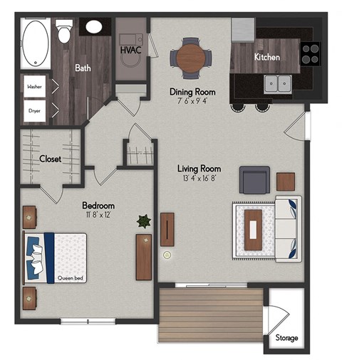 Floor plan for 1 bed, 1 bath, 782 sqft