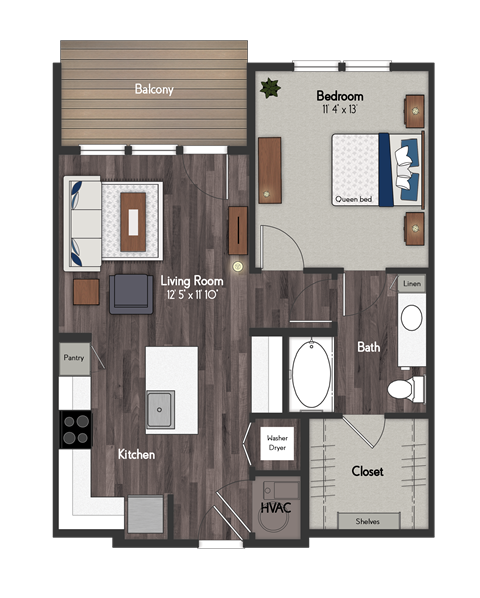 Floor plan for 1 bed, 1 bath, 718 sqft