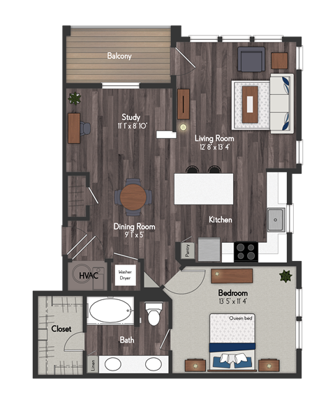 Floor plan for 1 bed, 1 bath, 859 sqft