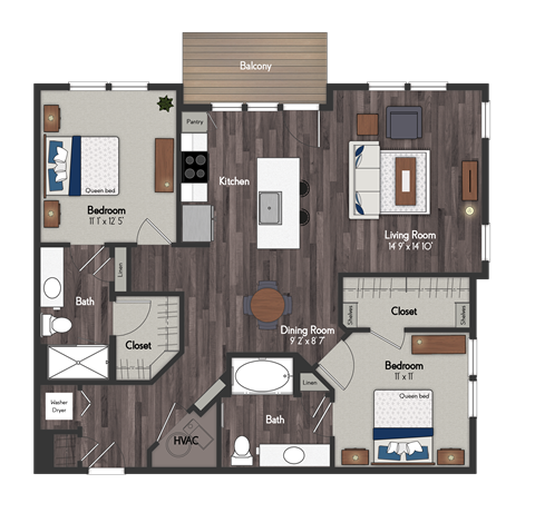 Floor plan for 2 beds, 2 baths, 1121 sqft