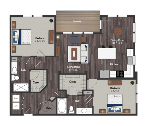 Floor plan for 2 beds, 2 baths, 1213 sqft