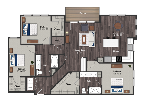 Floor plan for 3 beds, 2 baths, 1472 sqft