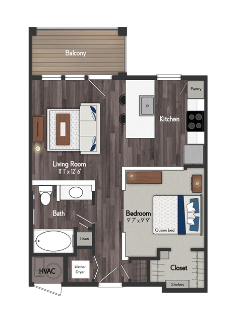 Floor plan for studio, 1 bath, 576 sqft