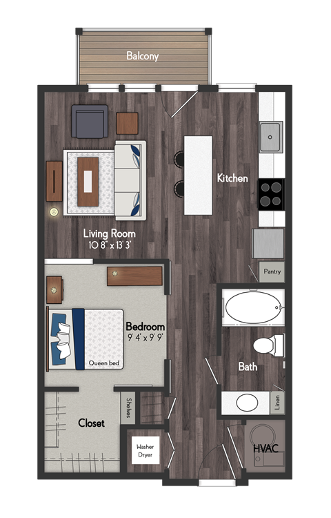 Floor plan for studio, 1 bath, 623 sqft