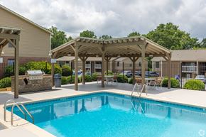 Simpsonville apartment for rent - A swimming pool with a wooden pergola over it.