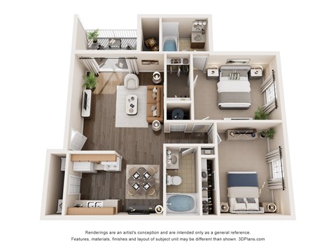 Floor plan for 2 beds, 2 baths, 1000 sqft