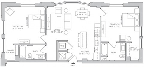 Floor plan for 2 beds, 2 baths, 1067 sqft