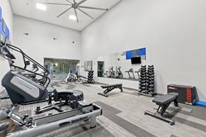 Carol Stream apartment for rent - A gym with a treadmill, rowing machine and weights.