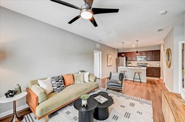 Bradenton apartment for rent - A living room with a green couch and a ceiling fan.