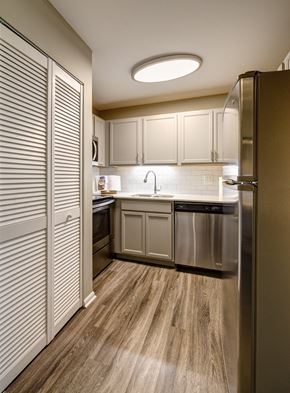Naperville apartment for rent - a kitchen with stainless steel appliances and white cabinets