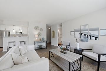 Lake Bluff apartment for rent - A modern living room with a white couch and a coffee table.