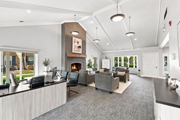 Naperville apartment for rent - A modern living room with a fireplace and a large grey sofa.