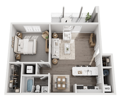 Floor plan for 1 bed, 1 bath, 725 sqft