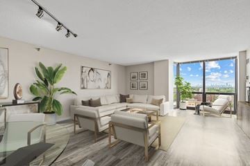 Oak Park apartment for rent - A modern living room with a glass table and a view of the city.