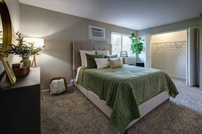 Naperville apartment for rent - a bedroom with a bed and a dresser and a window